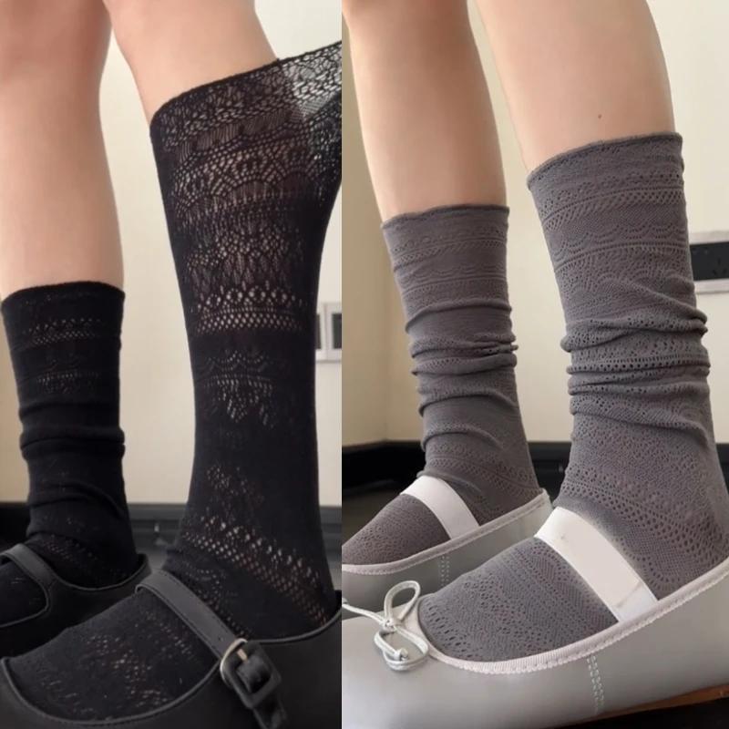 1/2pairs Lolita Sweet Pile Socks for Women Girls Mesh Hollowed Out Thin Nylon Silk Retro Flower Lace Socks Ladies Crew Socks