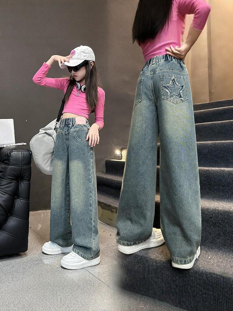 2025 Mädchen High-Waist Weitbeinige Jeans mit Sternen-Aufnähern - Frühling/Herbst Stil für ältere Kinder