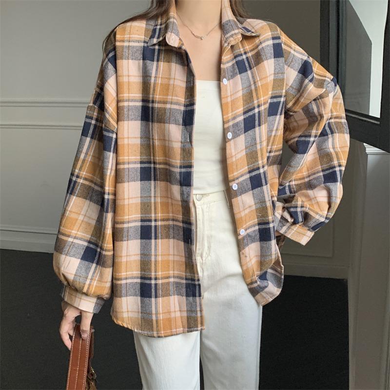 Camicie a quadri larghe semplici vintage primaverili da donna, moda a maniche lunghe, taglie forti, casual, camicette da donna, monopetto, slim, da ufficio, da donna, 26107