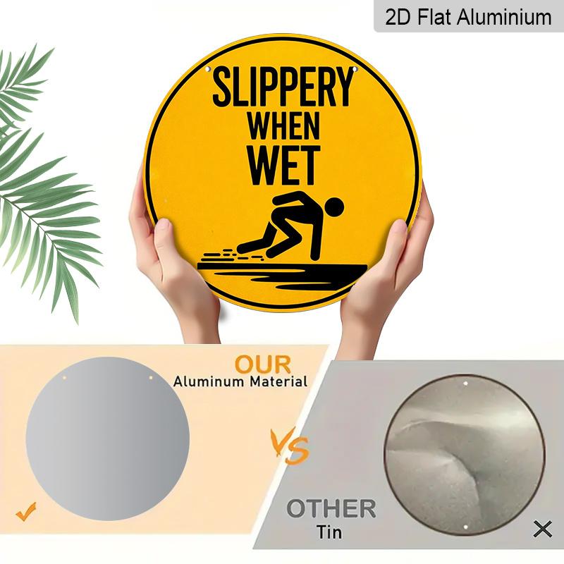 2D Flat, 1pc Round Aluminum Hanging Sign - "Slippery When Wet" Safety Warning Metal Wall Art, Yellow & Black Retro Caution Design, Perfect for Pool