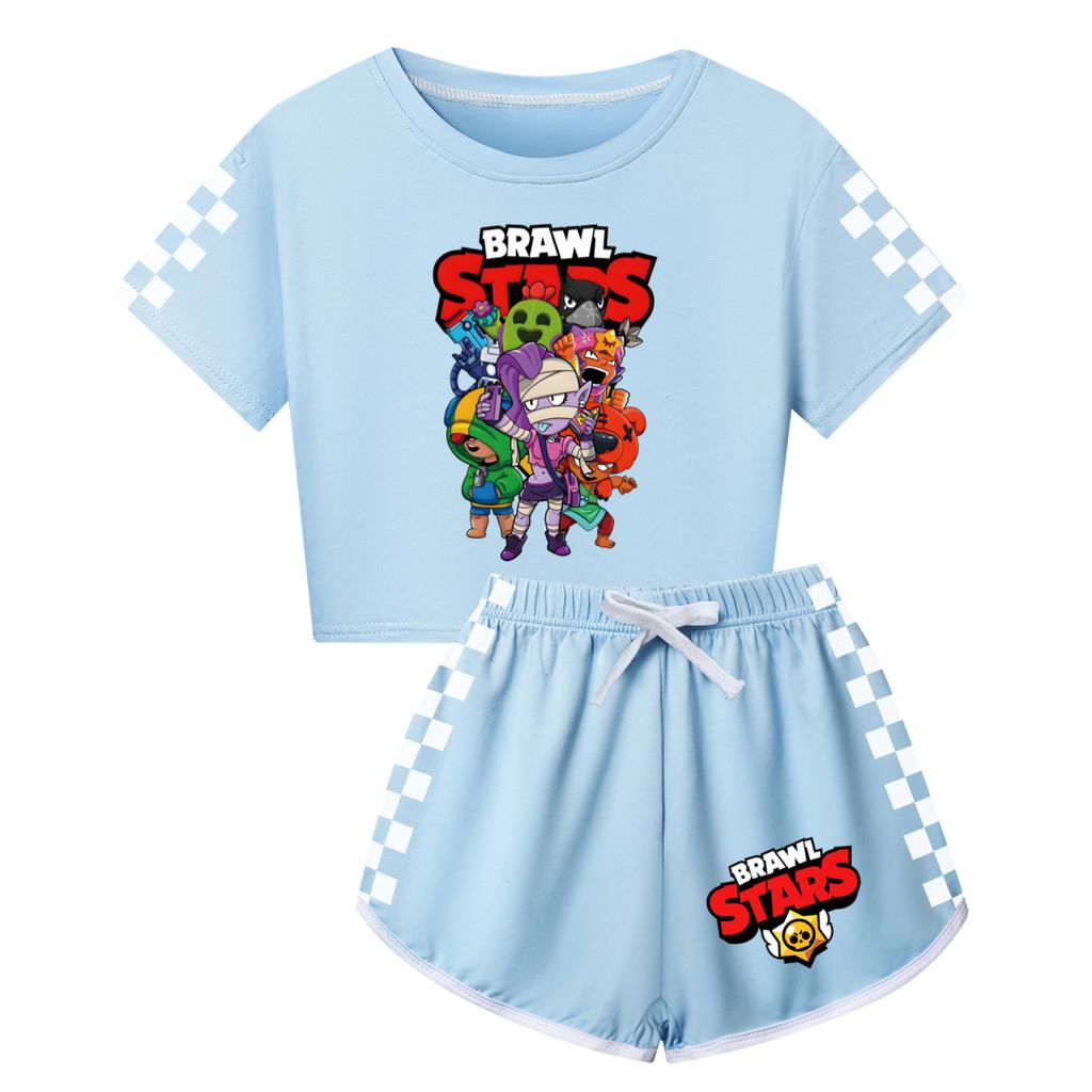 4094 Kids Girls Brawl Stars Print Short Sleeves T-Shirt Shorts Pants Sport Clothes Set