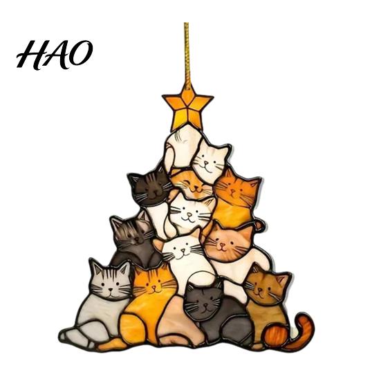 Snowman Party Ornament Christmas Suncatcher, Stained Glass Style Window Hanging Ornament, Cute Cat Santa Black Gift Claus Sun Catchers for Tree Porch