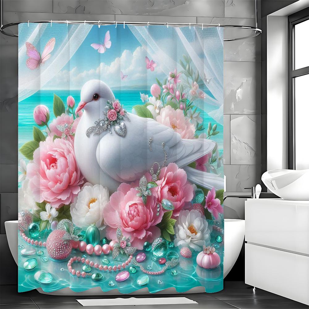 White Dove Floral Pearl Creative Shower Curtain, Bathroom Decorative Shower Curtain, Waterproof Shower Curtain with Hooks