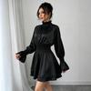 French Elegant Satin Dress 1116 Autumn Black High Neck Long Sleeve European and American Temperament A Word Short Skirt Women's Clothing