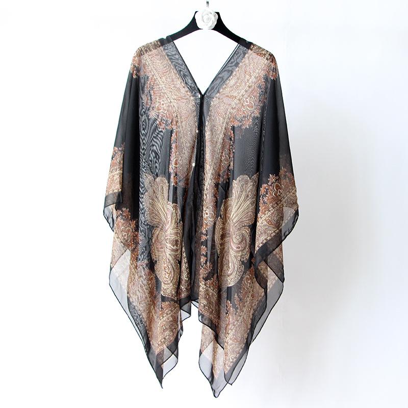 1x Vintage Damen-Kimono-Cardigan mit Blumenmuster, lockerer Schal, Boho-Chiffon