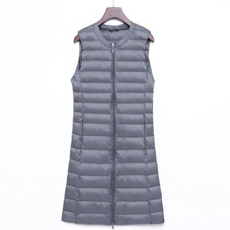 

Женский удлиненный жилет из ультралегкого пуха, ветрозащитный, легкий, теплый, пуховое пальто, длинная приталенная куртка без рукавов XL серый