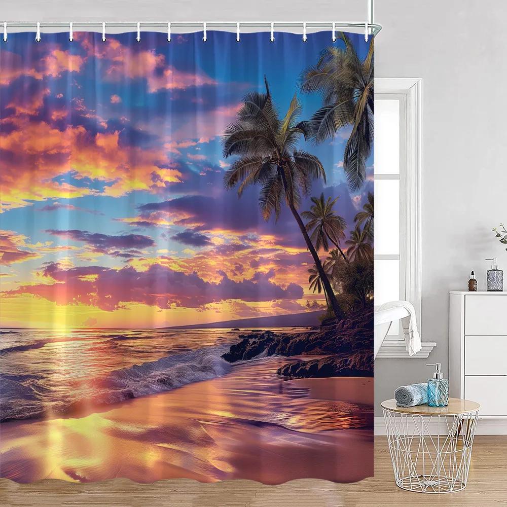 Seaside Landscape Shower Curtains Coconut Trees Tropical Leaves Sea Scenery Bathroom Decor Summer Hawaii Polyester Bath Curtain