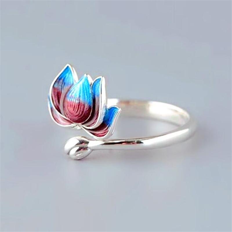 New Fashion Burnt Blue Cloisonne Lotus 925 Sterling Silver Jewelry Personality Epoxy Two-color Lotus Flower Opening Rings R306