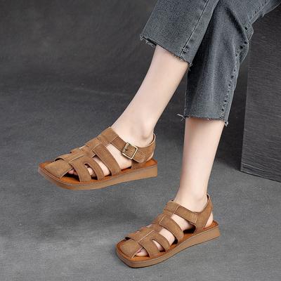 Fashion GKTINOO Wide Toed Flat Sandals 2025 Summer New Retro Genuine Leather Comfortable Soft Sole Versatile Women's Shoes