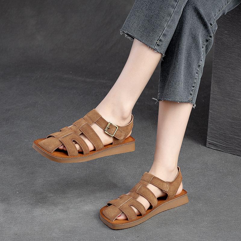 Fashion GKTINOO Wide Toed Flat Sandals 2025 Summer New Retro Genuine Leather Comfortable Soft Sole Versatile Women's Shoes