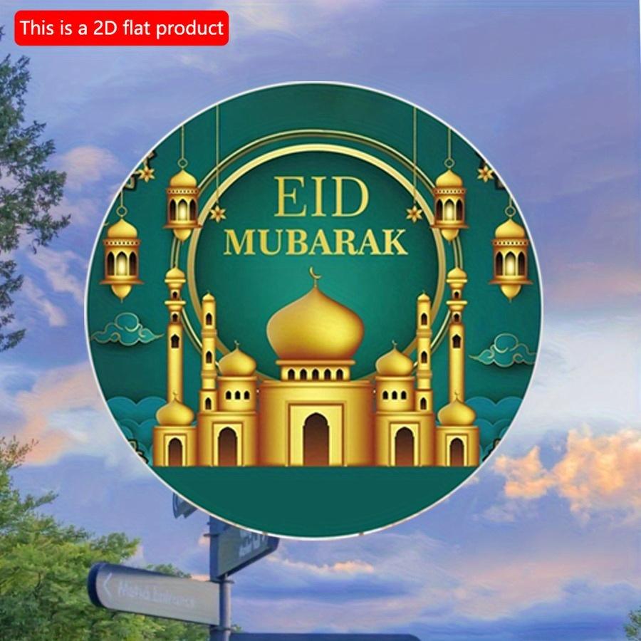 2D Flach 20cm 1Stück Eid Mubarak prächtige Moschee & Laternen Muster Gute Qualität Runder Holzanhänger, Grüner Retro verzierter Stil Eid Dekoration zum Feiern