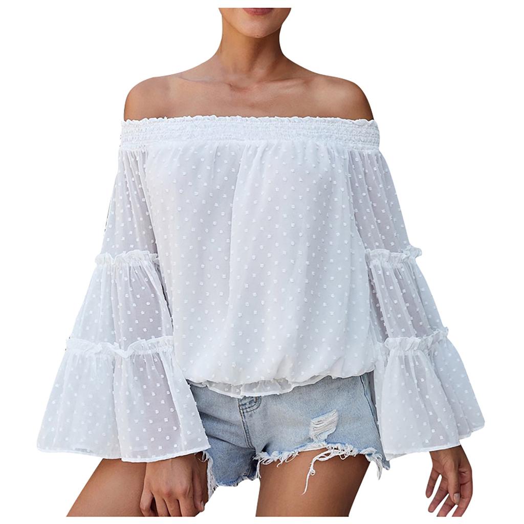 Fashion Flared Long-sleeved Chiffon Off-the-shoulder Neckline Hollow Loose Top