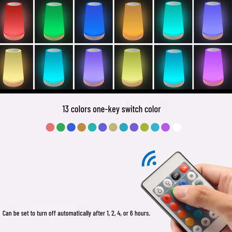Wood Grain Touch Remote Bedside Table Lamp - 13-Color Night Light with Tap Control