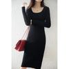 Wool Knitted Retro Bodycon Dress Skirt with Long Sleeves