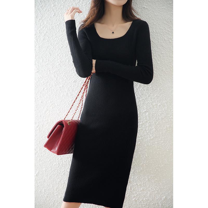 Wool Knitted Retro Bodycon Dress Skirt with Long Sleeves