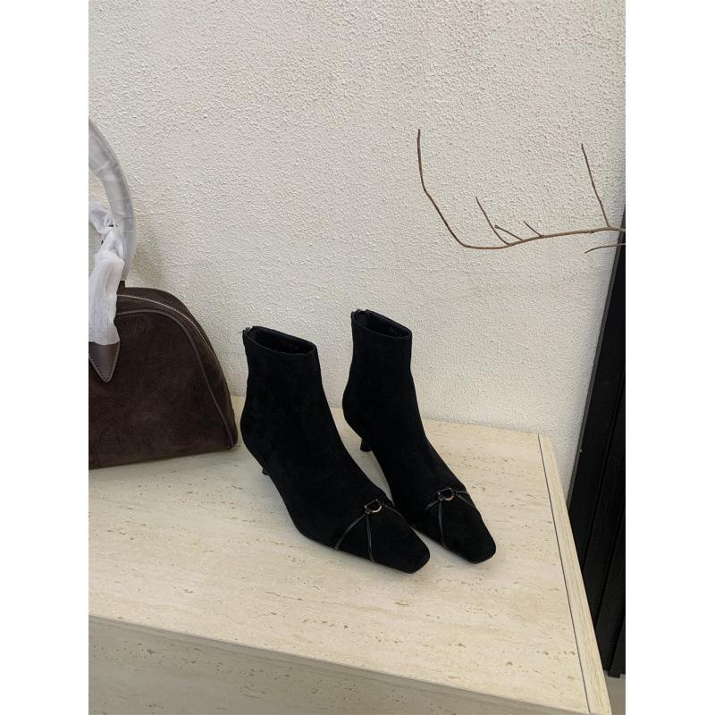 Temperament thin medium heel short boots women's autumn and winter 2025 new French thin boots women's suede women's square head Martin boots