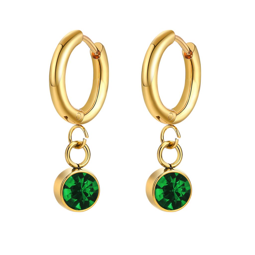 12 Colors Birthstone Huggie Earrings for Women, PVD Gold Color Tone Stainless Steel Brilliant AAA Cubic Zirconia Dangle Ear Clip