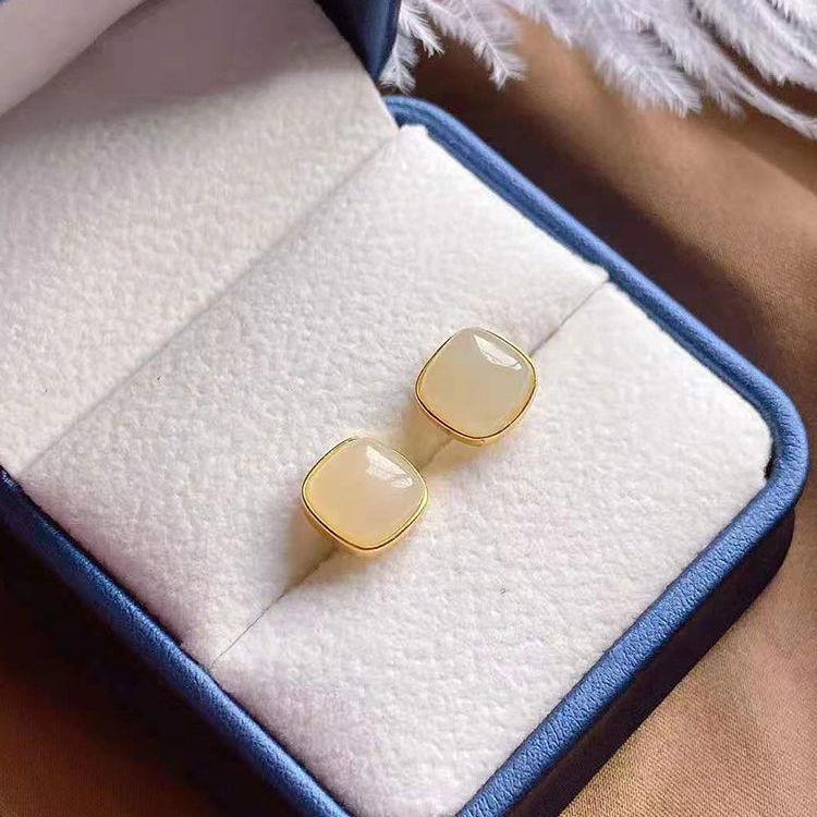 

925 Sterling Silver Jewelry 18K Gold Plated Square Jade Stud Earrings for Women Wedding Party Jewelry for Girls Friend Gift Silver Plated