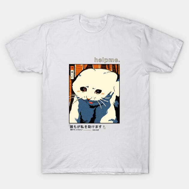 Asian Size Men Black Print T-shirt Sad Cat Meme No-Cut Print Cotton Tshirt L