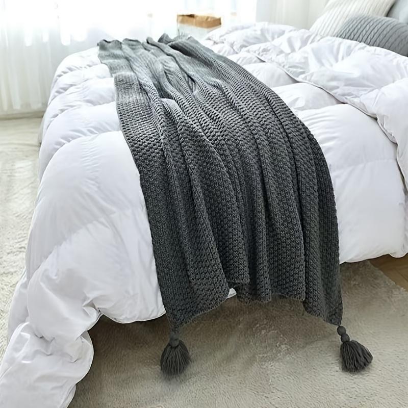 

Теплое вязаное одеяло с кисточками, однотонное покрывало для дивана, скандинавский декор, плед для кровати, переносная дышащая шаль 110cm*150cm серый
