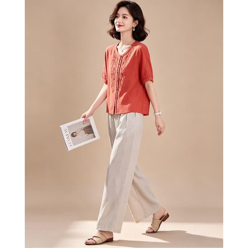 EST+II Summer Embroidered Shirt & Wide-Leg Pants Set