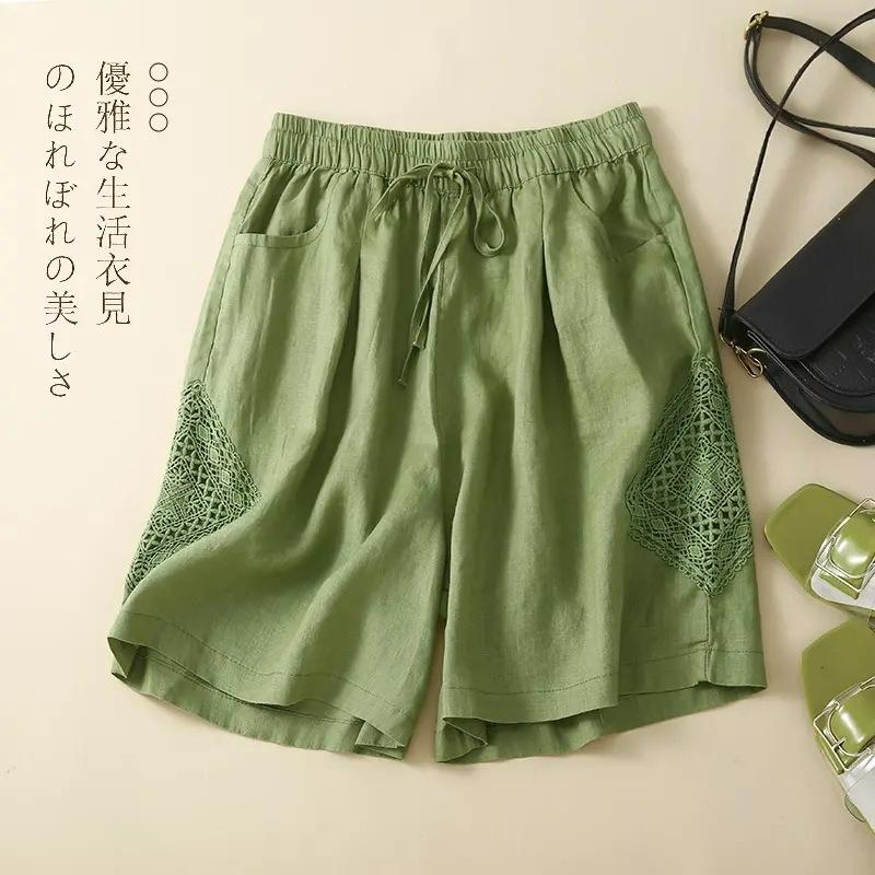 

Summer Shorts Women s Literary Hollow Cotton and Linen Pants, Chic Lace Stitching Casual Pants, Thin Loose Straight-leg Pants 3XL зелений