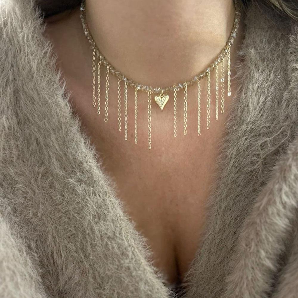 Boho Geometric Transparent Crystal Jewelry Fashion Vintage Sexy Zircon Heart Pendant Tassel Necklace For Women Neelry