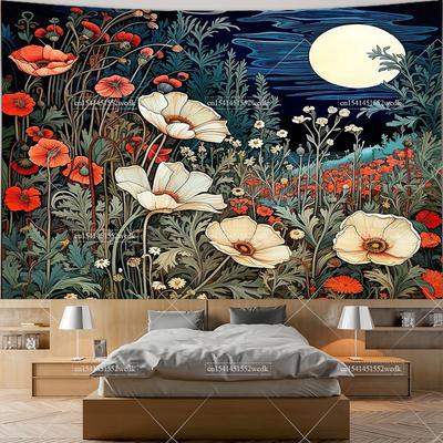 Tapestry z Dzikimi Kwiatami Dekoracja Ścienna Ogród Kwiatowy Botaniczny Tapiserie Dekoracja Pokoju Czerwone Maki Sceneria Tło Fotograficzne