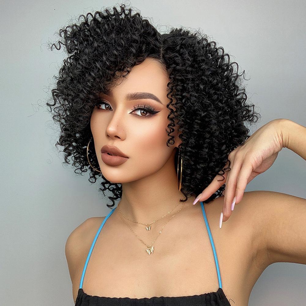 Damen-Simulationsperücke, 46 cm, Haar, schwarze Perücke, kurze lockige Perücke, T-förmige vordere Spitze, Spitzenperücke, Kopfschmuck, Schönheitsdekoration, Kanekalon-Perücke
