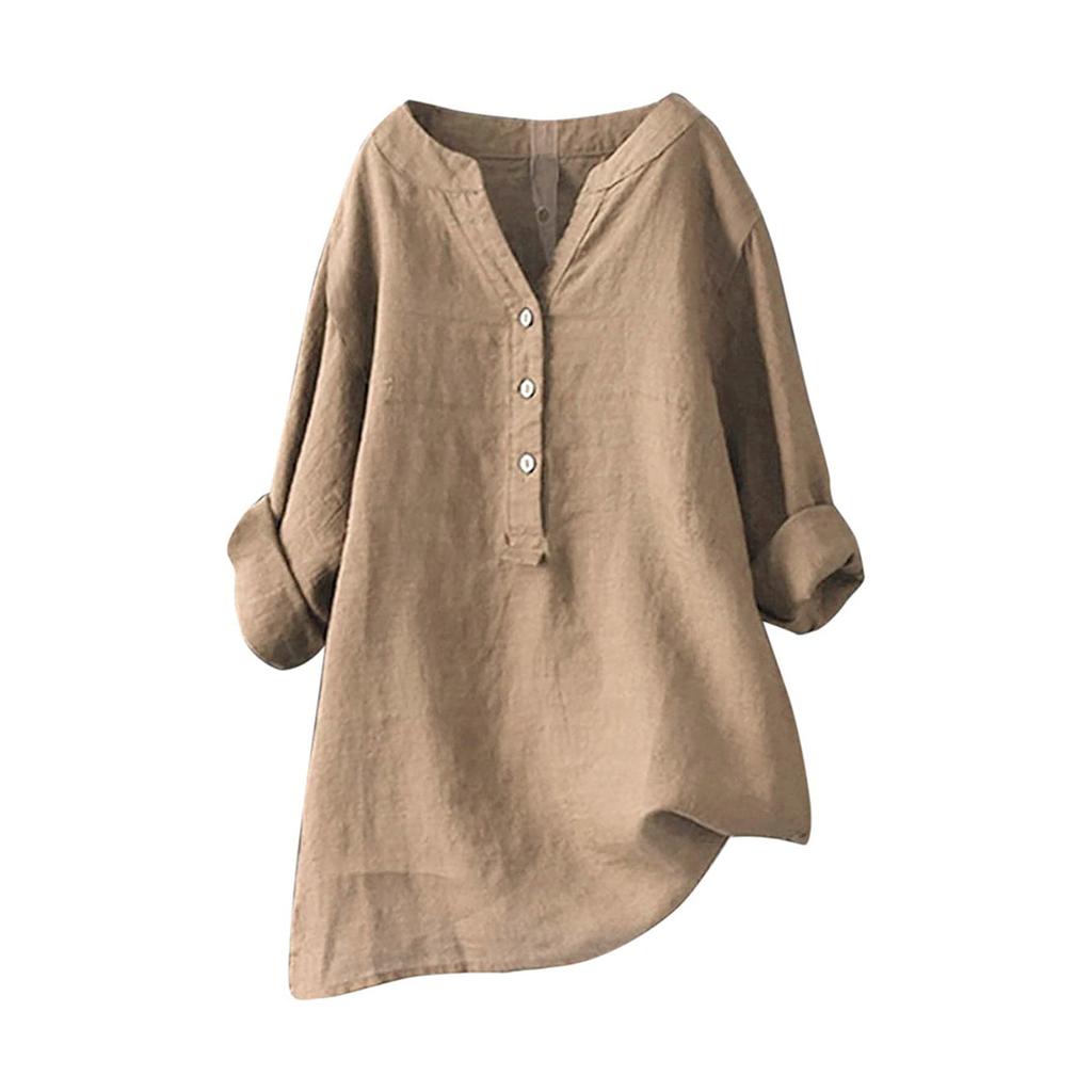 Women's Solid Color Long Sleeve Shirt with Stand Up Collar Casual Loose Blouse Button Down Tops