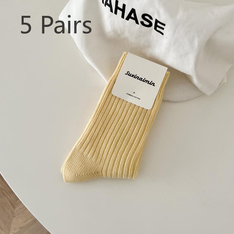 5 Pairs of Women's Spring and Autumn Versatile Slimming Vertical Striped Mid Top Stack Socks