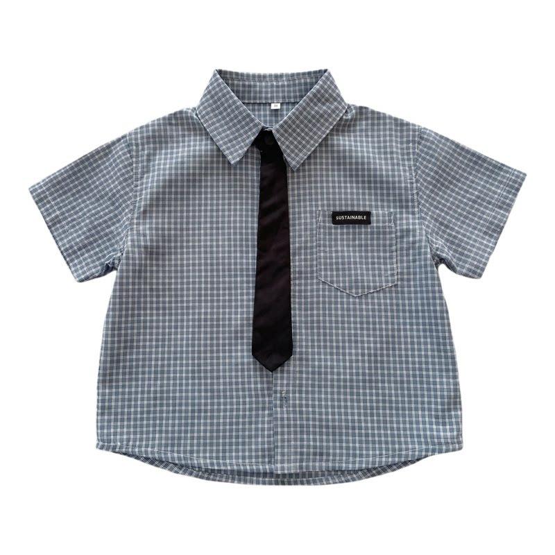Boys Cotton Checkered Short Sleeve Shirt Summer Lightweight Casual Top