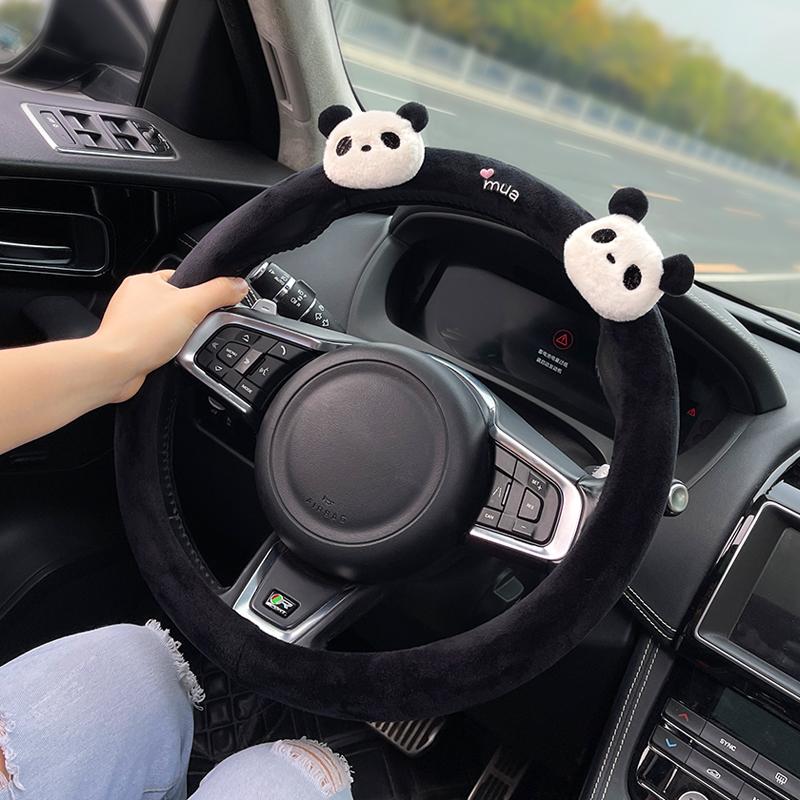 Cute Cartoon Panda Plush Universal Car Steering Wheel Cover Auto Seat Belt Cover Imitate Lamb Wool Winter Car Accessories
