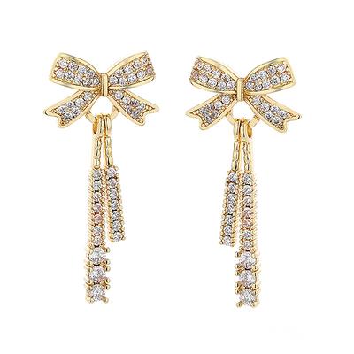 1Pair Exquisite Bowknot Zircon Pendant Tassel Earrings Light Luxury Ear Stud For Women Shiny  Jewelry Birthday Party Gift