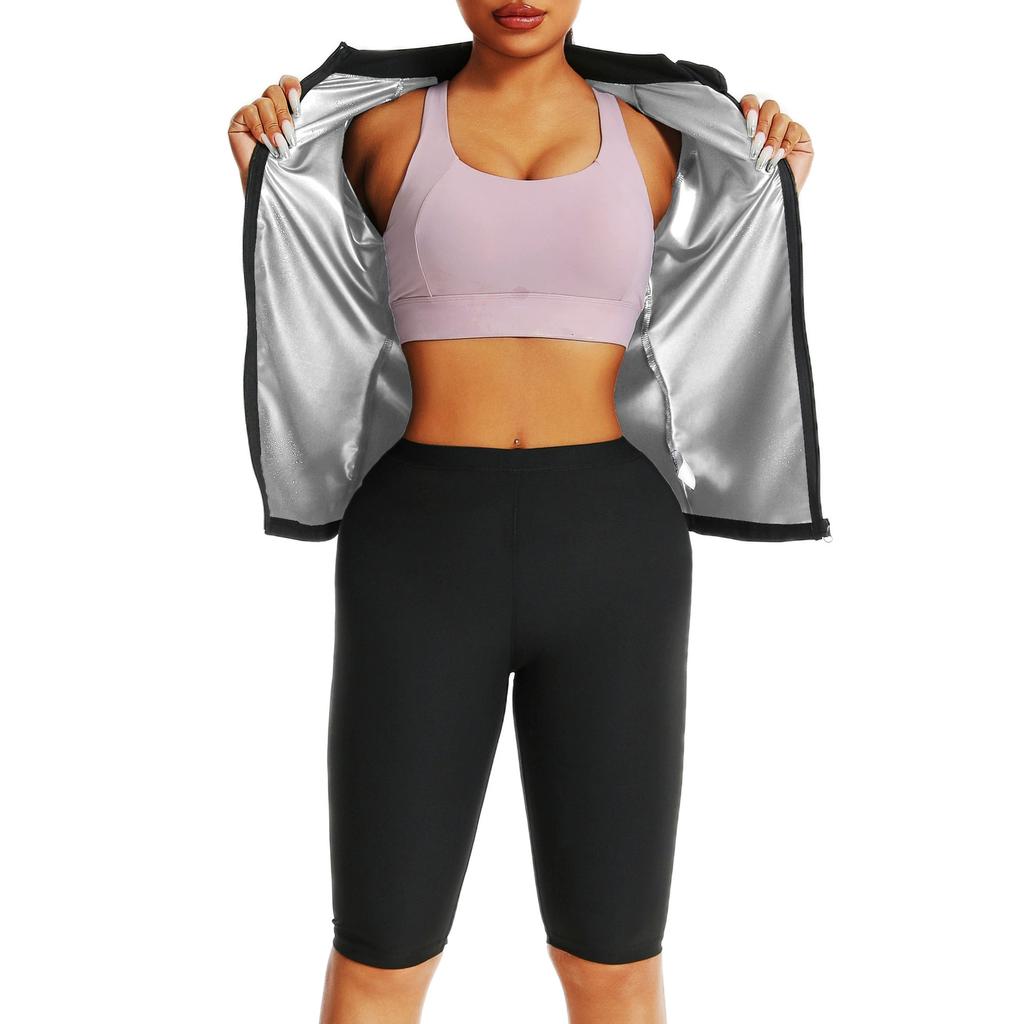 Damen Sauna Anzug 2-teiliges Set Kurzarm Top + Shorts Heißes Schweiß-Schlankheits-Sportbekleidung für Yoga Laufen Workout