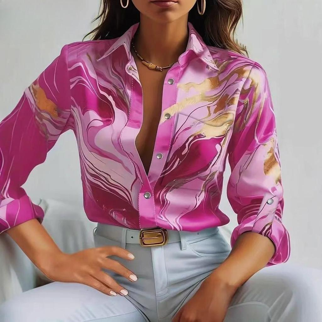 Damesmode Casual Lente Herfst Kleurblok Print Lange Mouw POLO Hals Blouses & Shirts