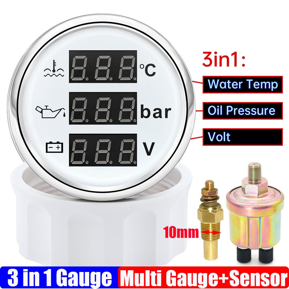 3 In 1 Digital 52mm Gauge with Alarm 0~120℃ Water Temperature Gauge+Oil Pressure+Voltage with Oil Press/Water Temp Sensor