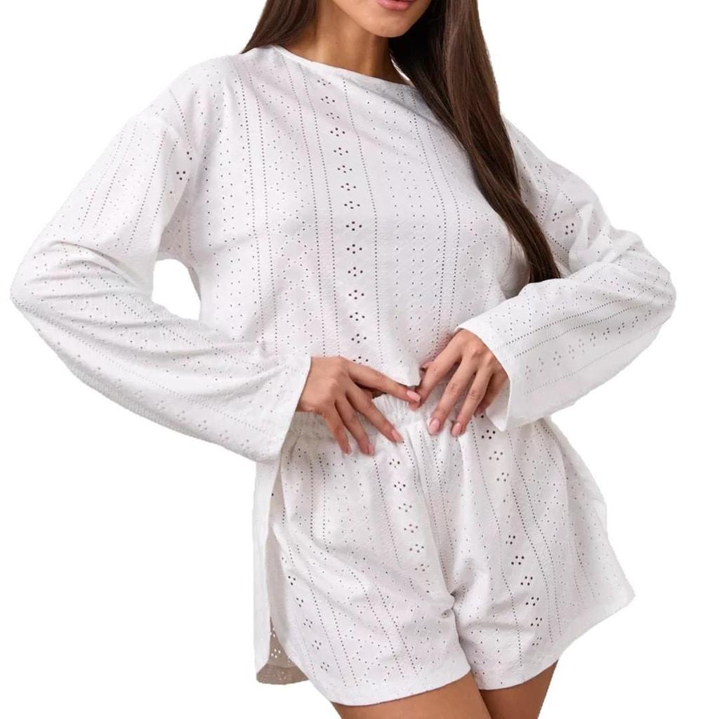 Neue Frühjahrsmode für Damen aus Europa und Amerika: Stilvolles lockeres Pullover-Oberteil und Set mit geteilten Shorts