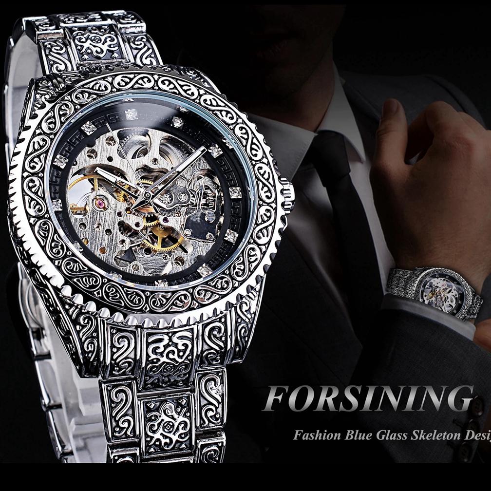 Mechanische Herrenuhr Automatische Armbanduhr Luxus Diamant Edelstahl Skelett Uhren Gold Relogio Masculino