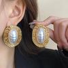 Imitation Oval Metal Pearl Earrings Gold Geometric Exaggerated Earrings Large Stud Earrings  Gift