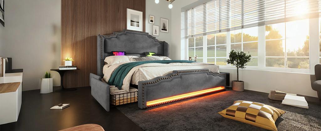 Upholstered Bed 180×200, Double with 4 Drawers, LED Lighting and USB-C Charging, Storage and Youth with Slatted Frame, Velvet, Grey, without Mattress