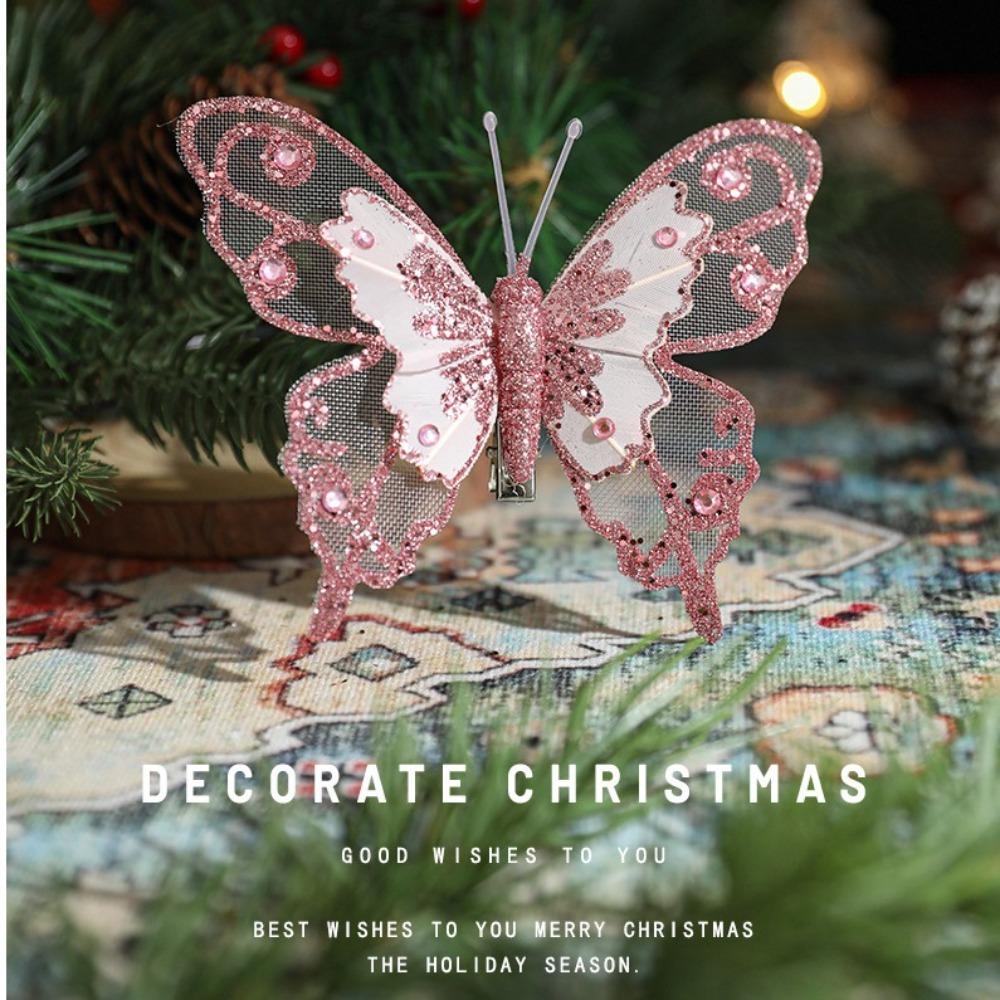 3Pcs New Year Christmas Glitter Butterfly Plastic Christmas Tree Ornament