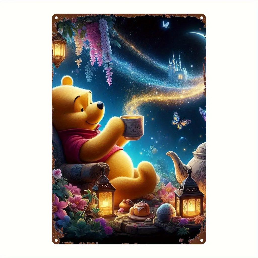 1pc Disney Stitch& Lilo Iron Wall Art- Enchanting Night Scene with Teacup Bear, Fairy Castle, Starry Sky& Butterflies, Vibrant C