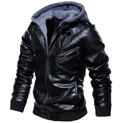 Autumn Winter Hooded Leather Jacket Men Hat Detachable Motorcycle Biker Jackets Casual Pu Leather Coat