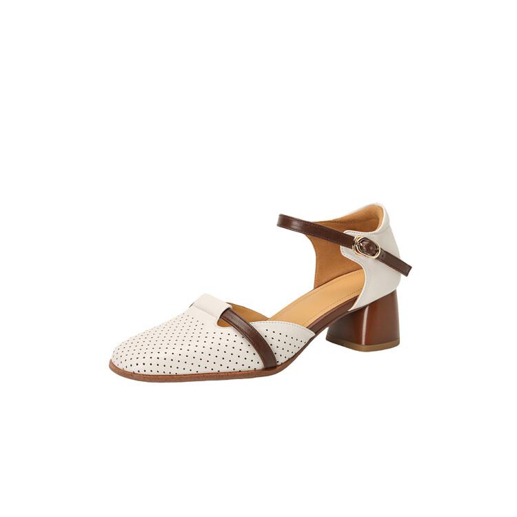 

Мода НОВЫЕ Летние Женские Сандалии Обувь из Спилка для Женщин Квадратный Носок Массивный Каблук Обувь Большого Размера С Закрытым Носком Слингбэк Полые Сандалии 41 бежевый