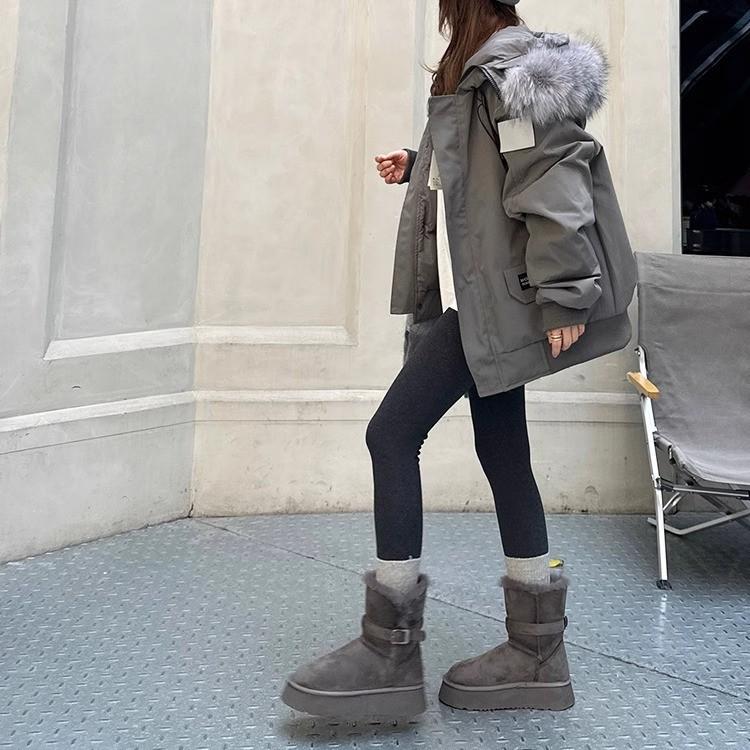 Weiche Lederversion~ graue Schneestiefel Damen 2025 Winter neu dicksohlige erhöhende gefütterte verdickte langschaftige Schnee-Baumwollschuhe