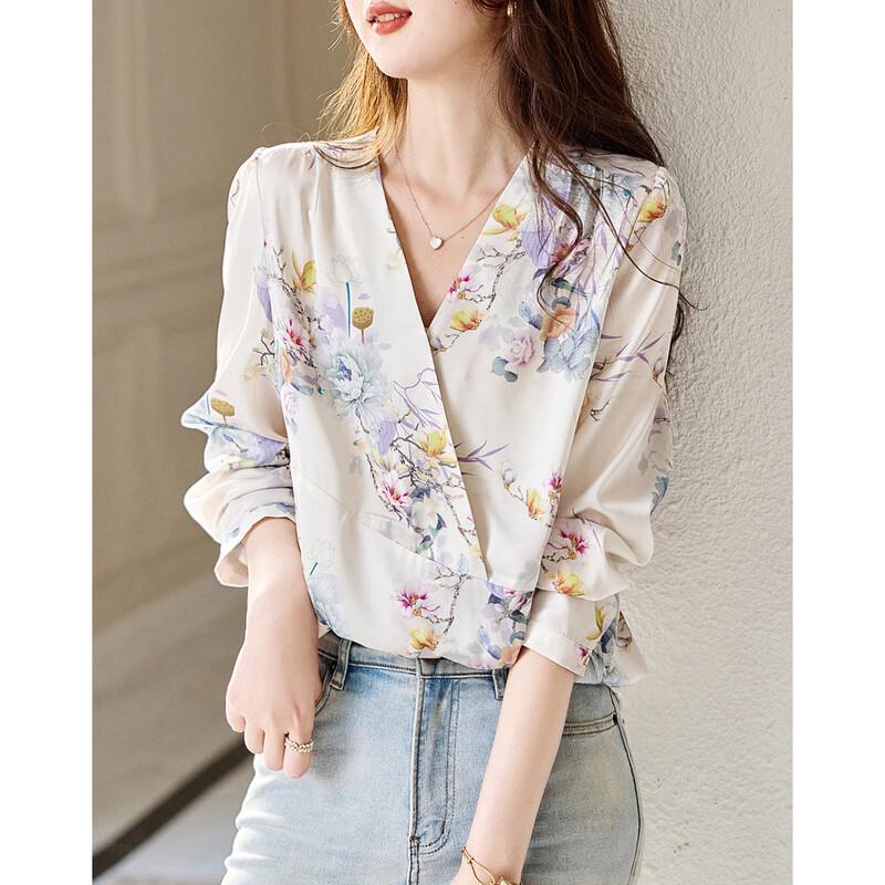 

Women s Silky Plant Print V-neck Blouse S