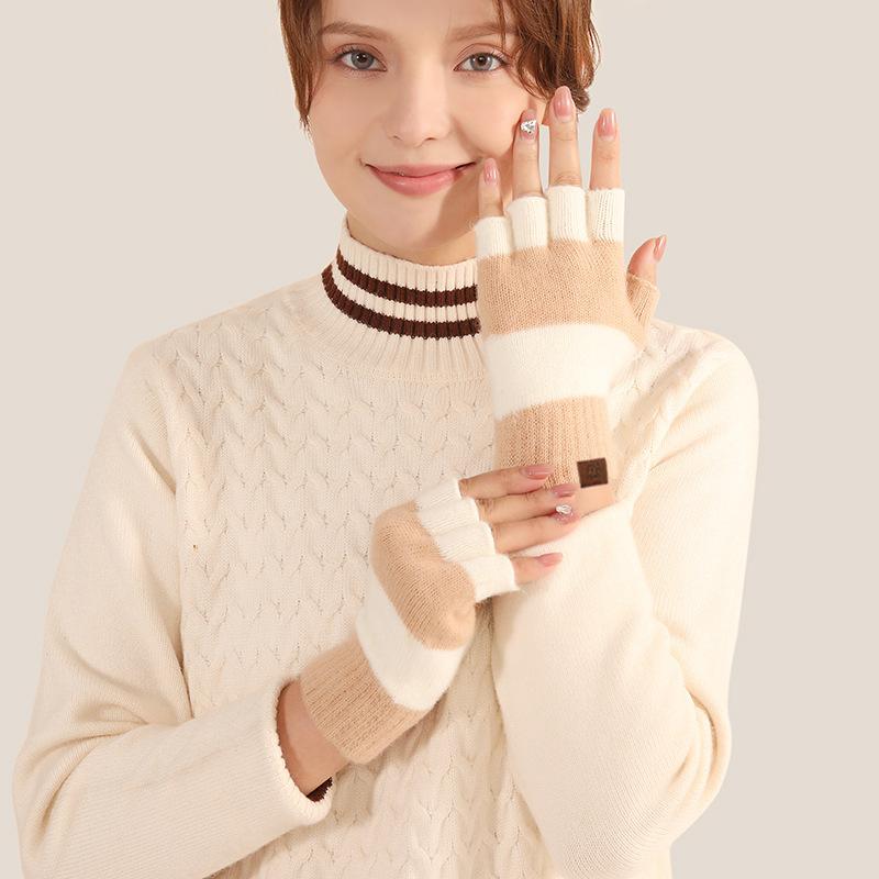 Winter Women's Fashion Knitted Warm Flip Half Finger Gloves Adult Cute Striped Office Gloves Women
