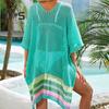 Women Bikini Cover Up V-Neck Drop-shoulder Sleeves Hollow Beachwear Dress Side Split Color Block Crochet Swimsuit Cover-ups