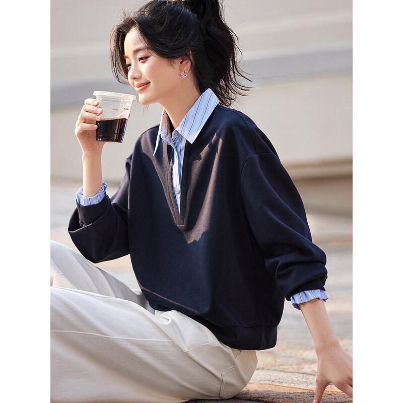 Women s Contrast Patchwork V-Neck Faux Two-Piece Pullover Sweatshirt M
